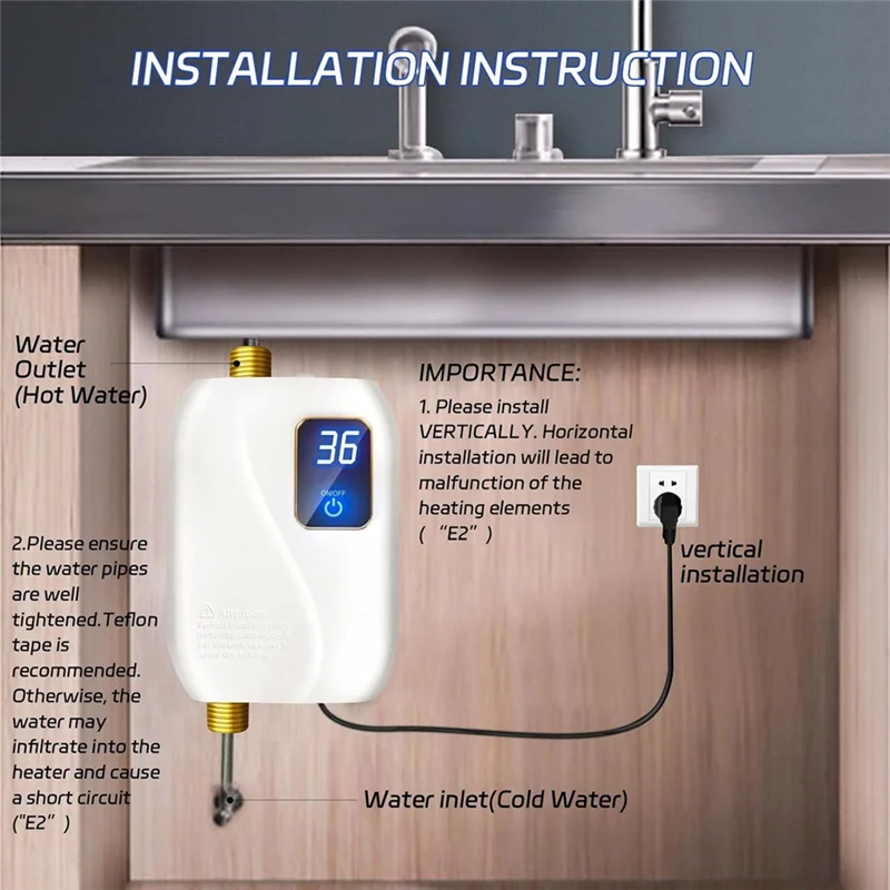 ABGG-US Sink Water Heater 3000W 110V Mini Fast Heating Electric Water Heater Digital Display For Kitchen And Bathroom US Plug
