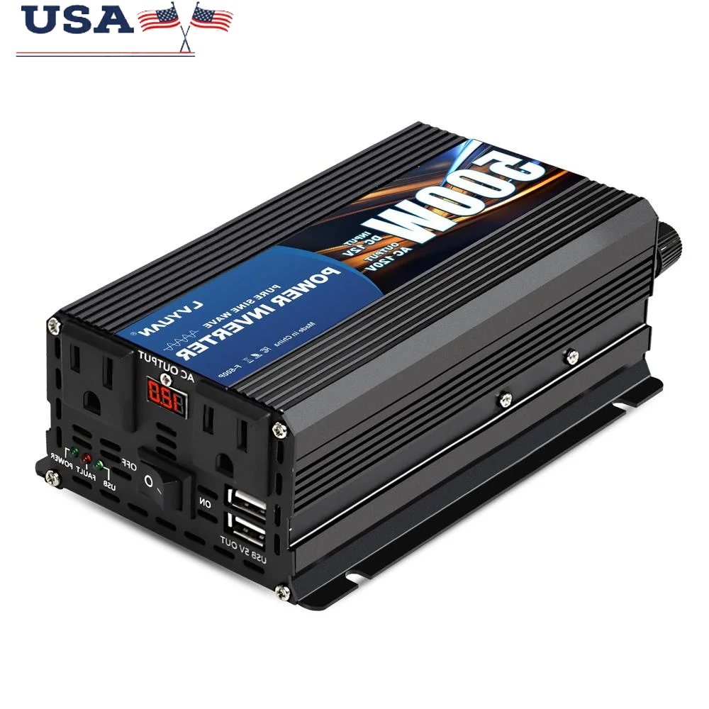 500W Pure Sine Wave Power Inverter Dual AC Outlets USB Ports Vehicle Camping RV Use