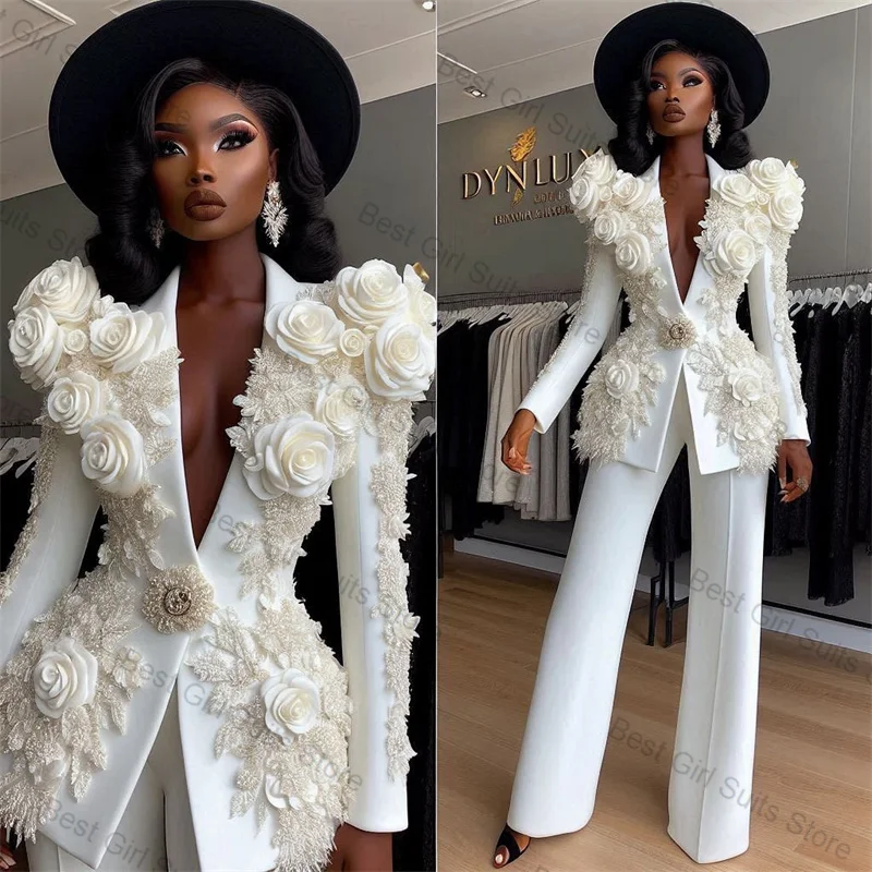 

White Luxury Women Suit Set 2 Pcs Blazer+Pants Trousers 3D Flower Beaded Formal Office Jacket Customized Wedding Prom Coat