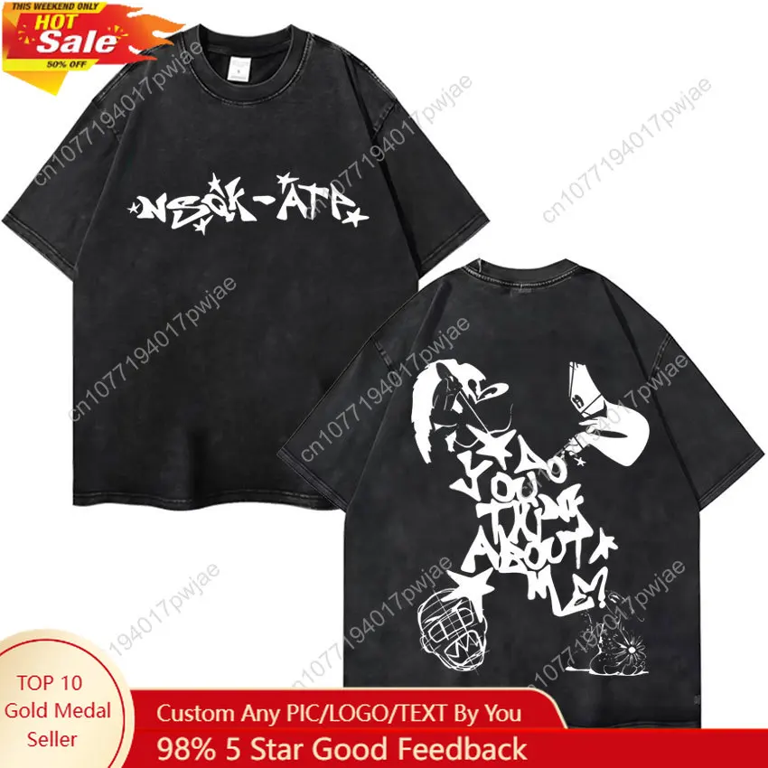 

Rapper Nsqk Art Graphics Double Sided Print Vintage Washed T-shirt Hipster Mens Oversized T-shirts High Quality Tshrit Fans Gift
