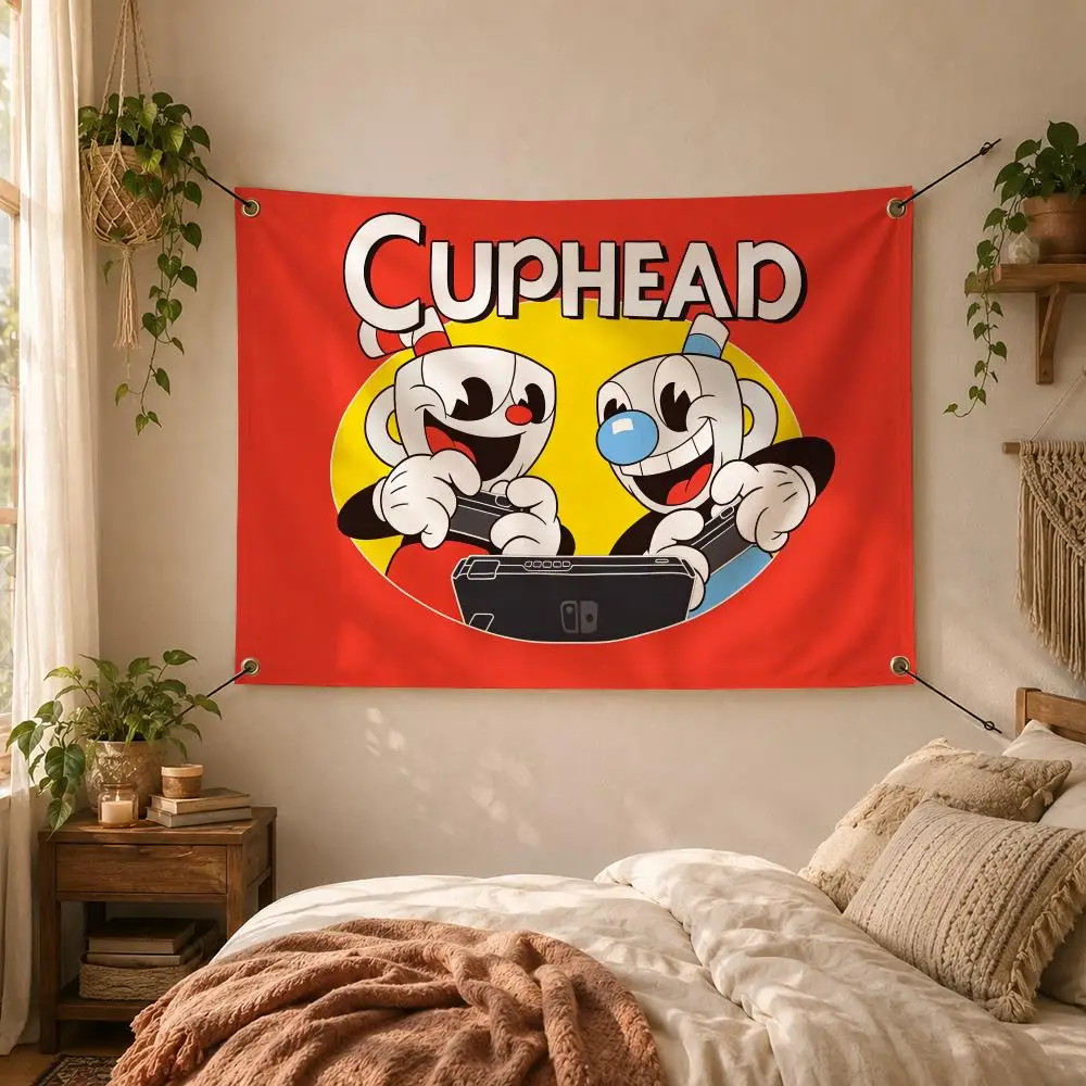 Retro Game C-Cuphead Flags Decorative Flag Banner for Outdoor Garden Yard Camping Party Home Wall Hanging Decor