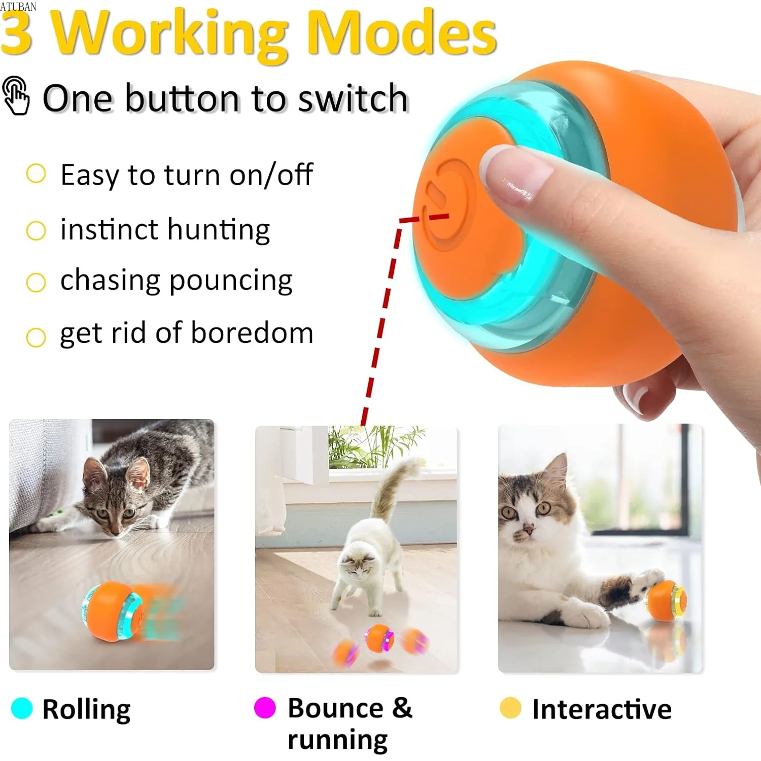 ATUBAN Moving Cat Toy Ball,Motion Activated Cat Toy for Indoor Cat,Interactive Cat Ball,Smart Cat Toy for Exercise Entertainment