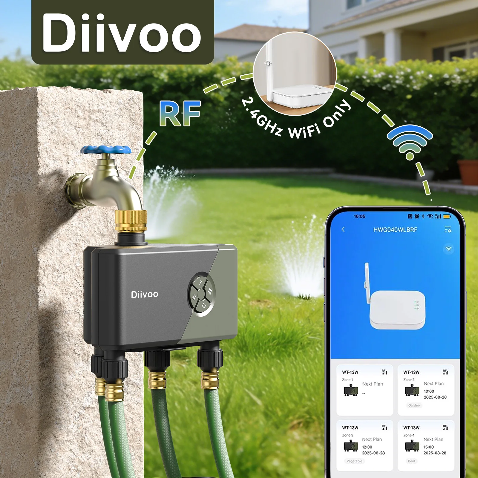 Programmateur d'arrosage WiFi Diivoo 4 zones avec entrée en laiton, connexion Ethernet et WiFi 2,4 GHz, système d'arrosage automatique pour pelouse et jardin