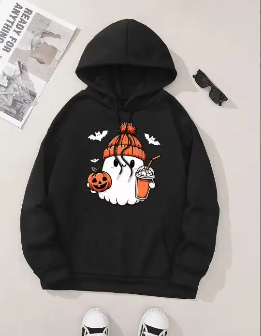 Women Cute Ghost Graphic Long Sleeve Hoodie Preppy Style Campus Outfit Hooded Pullover Pumpkin Coffee Bat Print Halloween Party Casual Wear