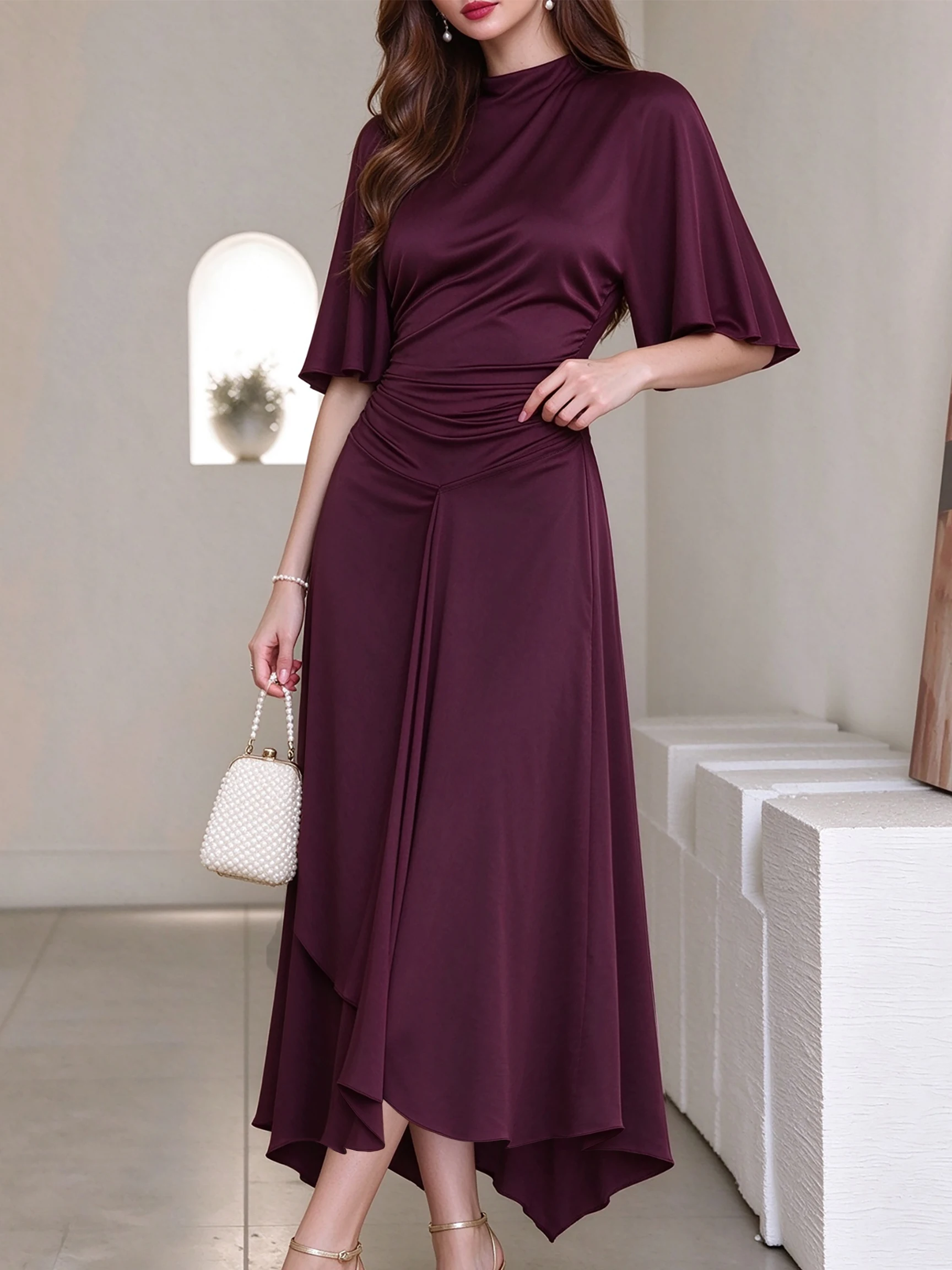Women Elegant Midi Dress Mock Neck Flutter Short Sleeve Ruched Waist Draped Irregular Hem Solid Wedding Guest Dress Formal Dress