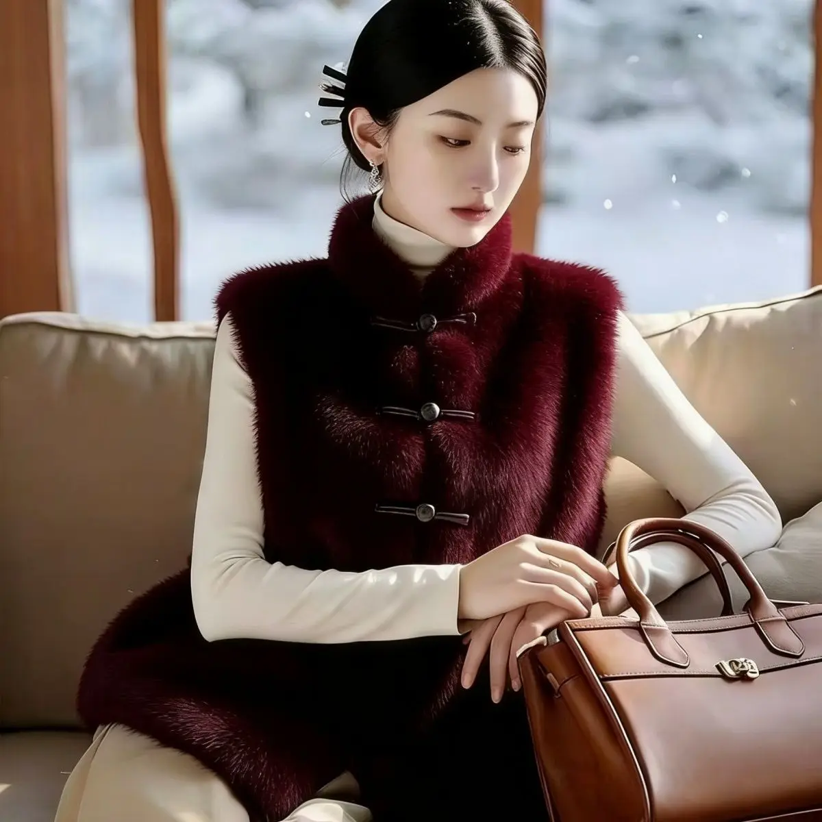 

2025 new chinese style women's vest autumn winter new disc buckle stand collar warm thickem vest elegant fashionable waistcoat