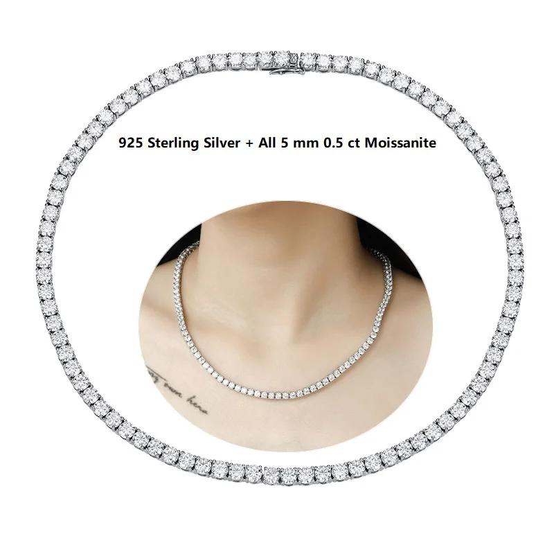 Apaison 925 Sterling Silver Full 5 mm 0.5 ct Moissanite Necklace For Women Man Wedding Party Fine Jewelry Different Length