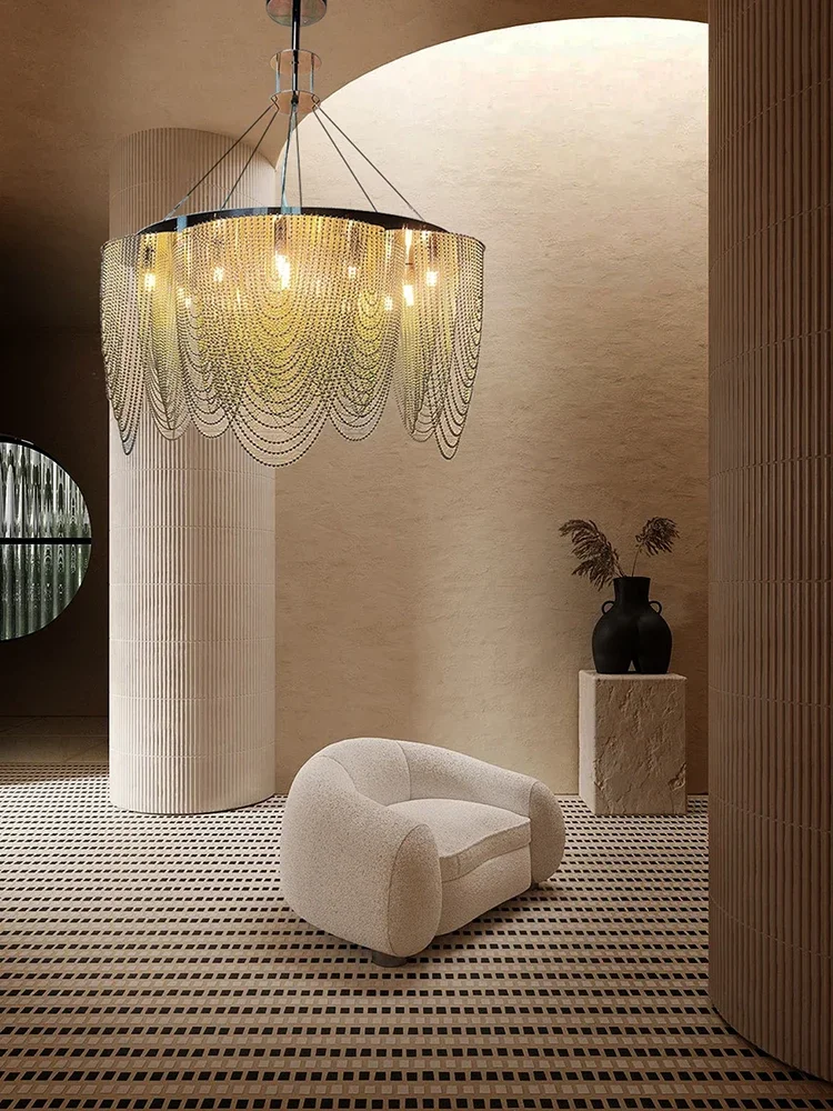 Postmodern Designer Ceiling Chandeliers Restaurant Lamp Chrome Gold Metal Chain Pendant Lighting Fixtures Living Room Lustre