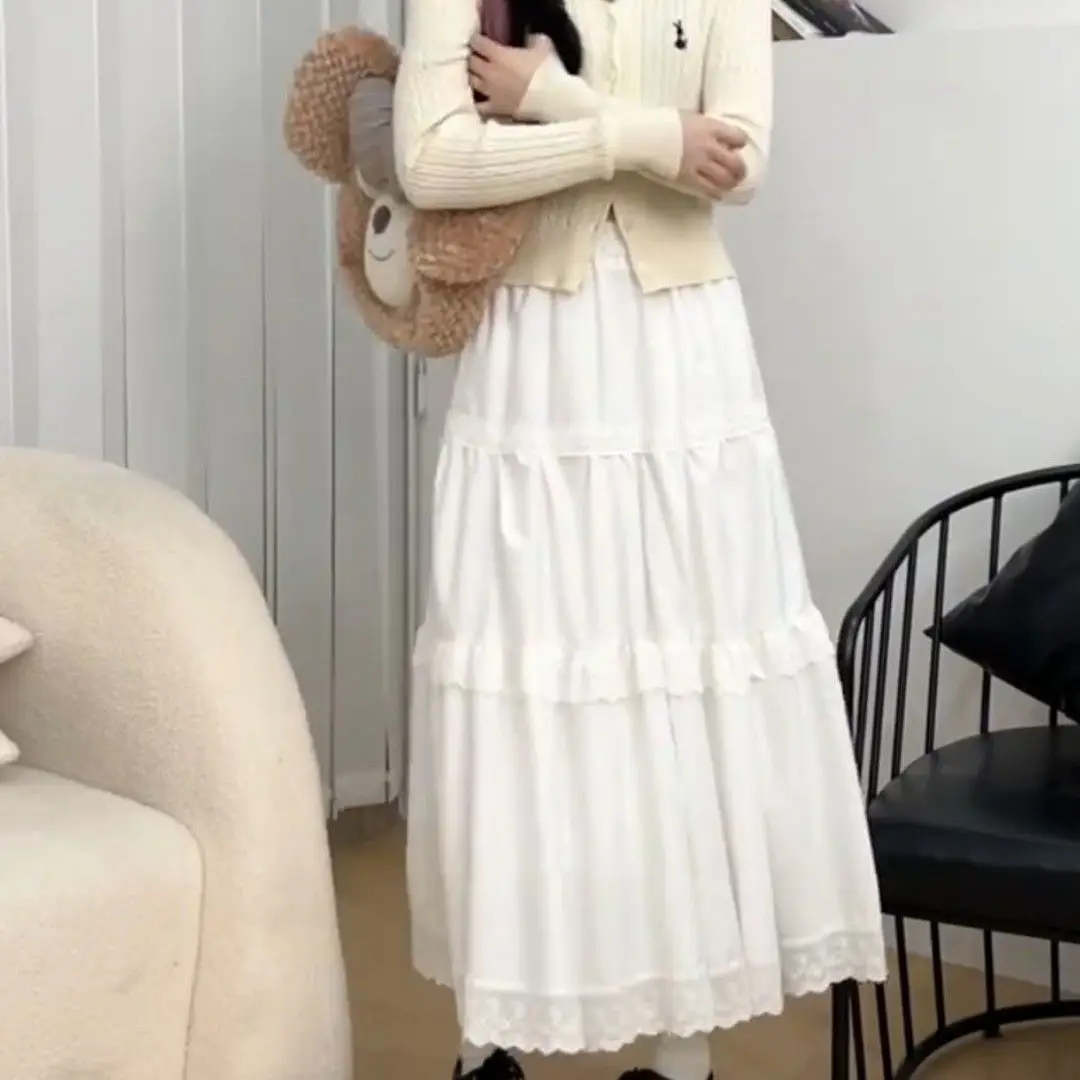 

Белая кружевная юбка А-силуэта Ele: повседневная, универсальная, стройнящая, многоярусная, с высокой талией, из полиэстера, подходит для работы и повседневной носки