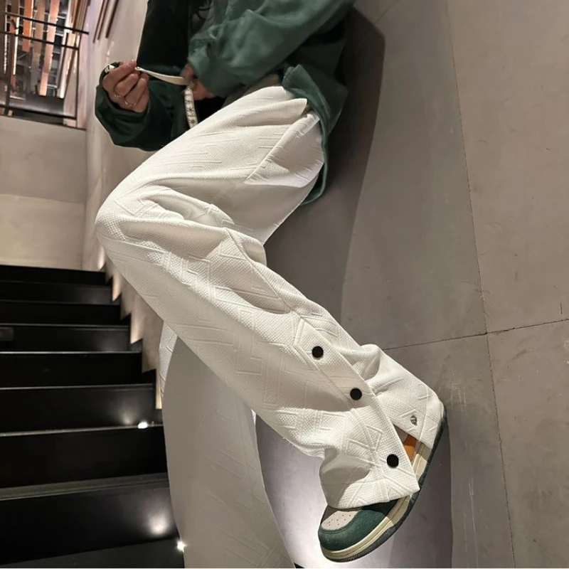 

Men's Button Fly Slit Casual Pants Spring Autumn Loose Wide Leg Trousers Hong Kong Style Jacquard Straight Fit Streetwear