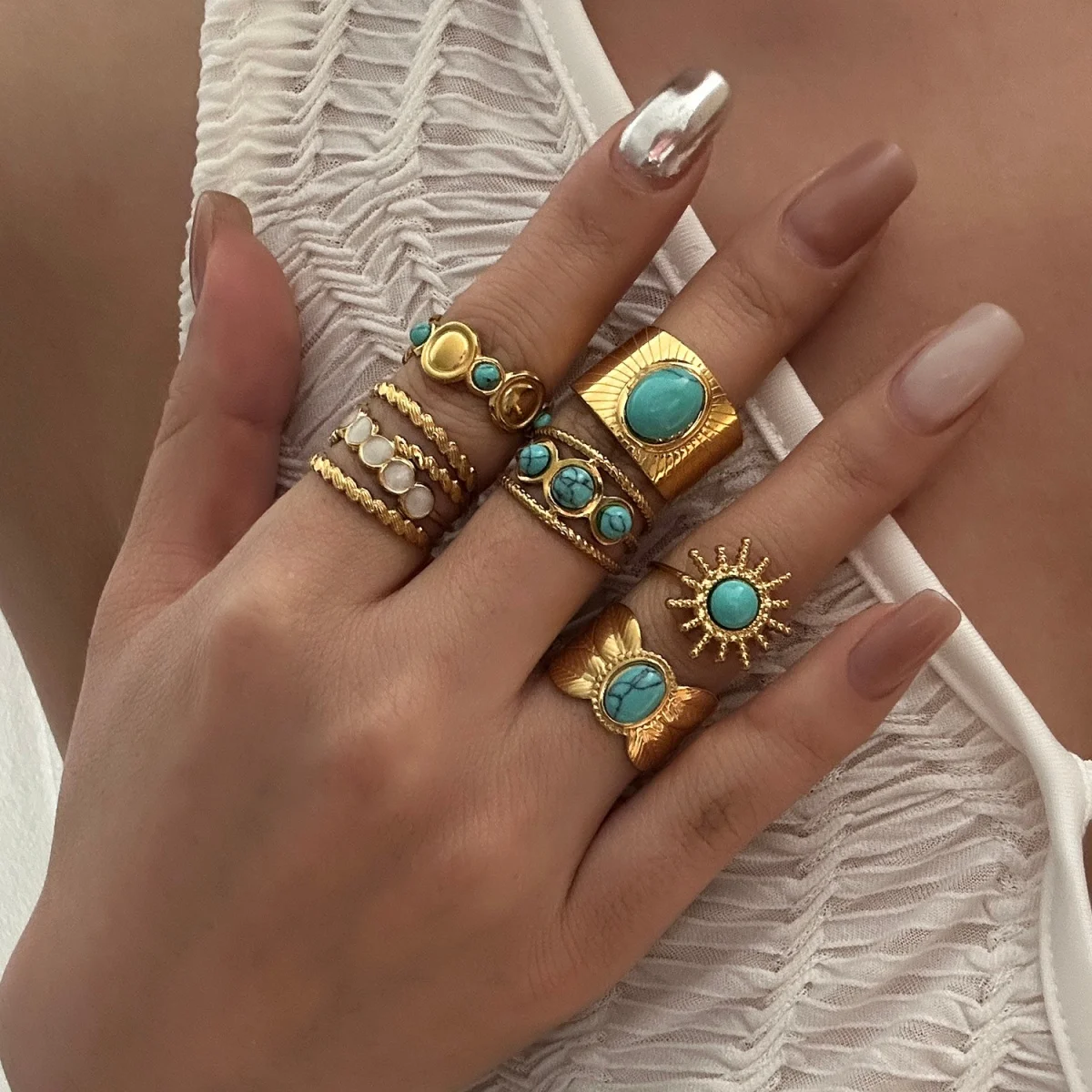 Edelstahl Blau Naturstein Geometrische Fingerringe für Damen und Herren Französischer Vintage Sonnenblumen-Blatt Runder Ovaler Ring Schmuck – Detail 16