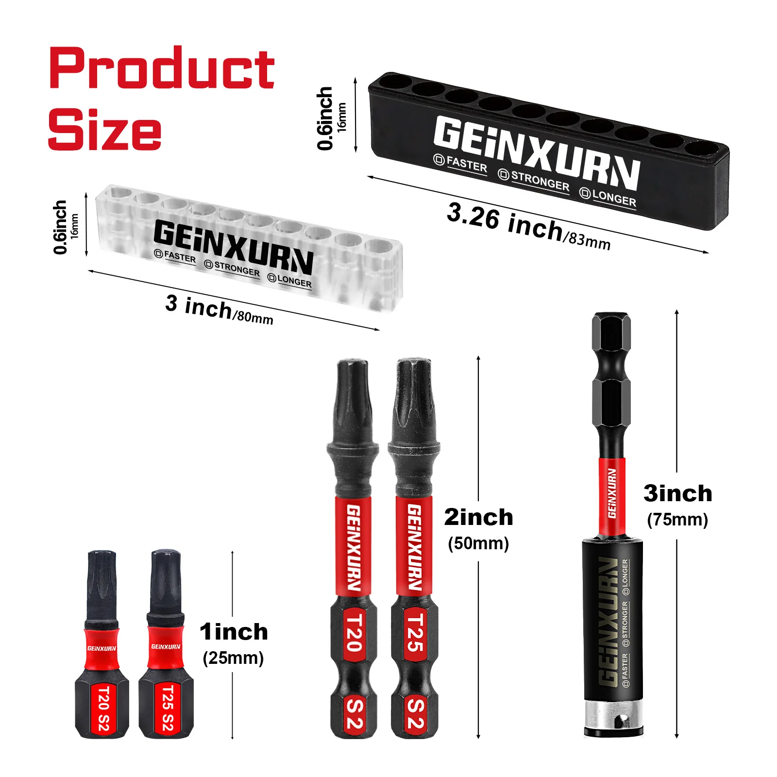 Geinxurn 1 дюйм/2 дюйма Набор ударных магнитных отверток Torx (T20/T25), набор бит из легированной стали S2 с органайзером для хранения