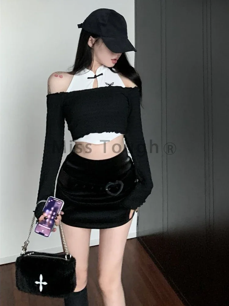 Off Shoulder Sexy Fake Two Piece T-Shirts Women Y2K Elegant New Chinese Style Tops Korean Slim Long Sleeve Casual Chic Tees 2024