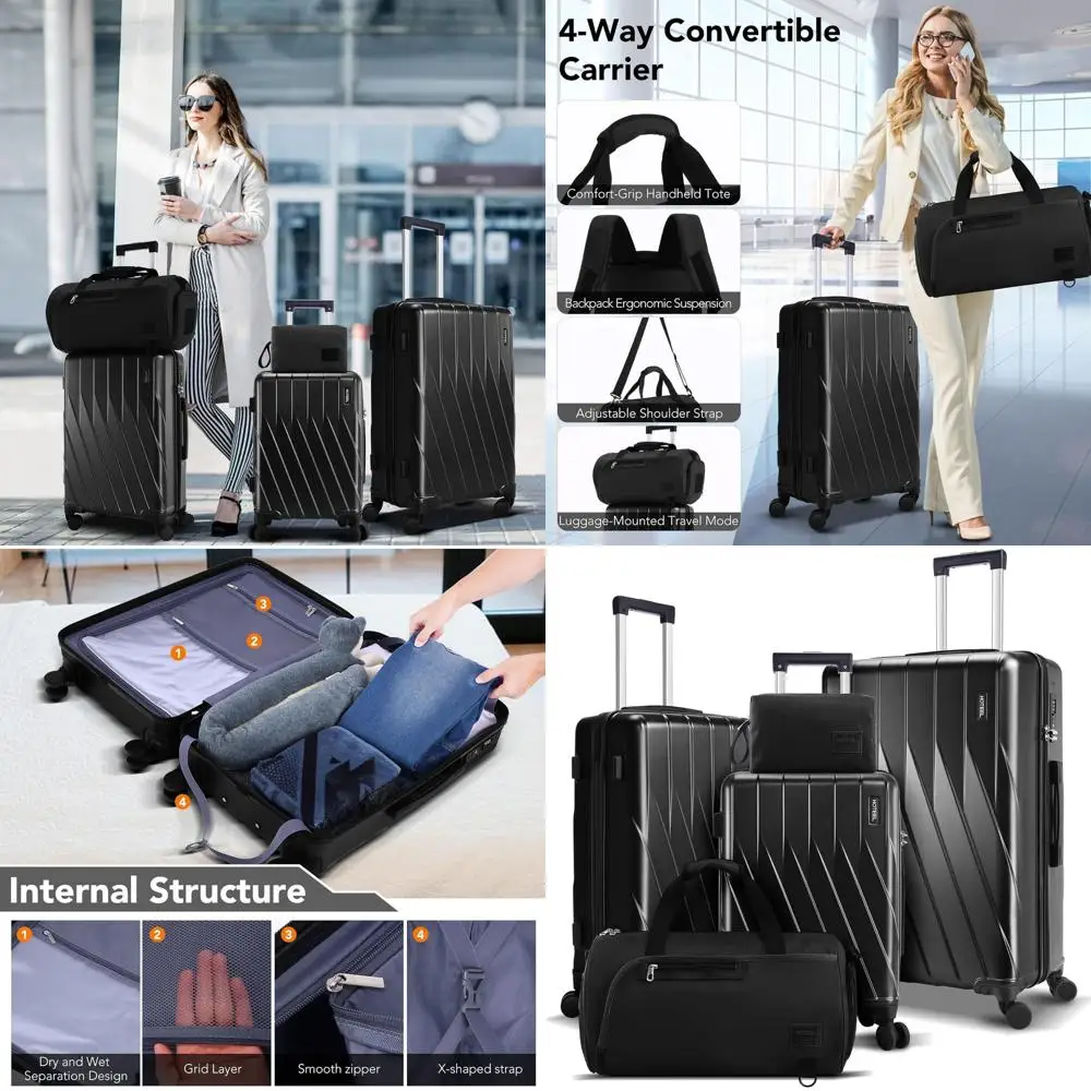 

Большой набор чемоданов из 5 предметов с спортивной сумкой, 100% твердый корпус, 360° ° Спиннерные колеса, замок TSA, водонепроницаемые, черные