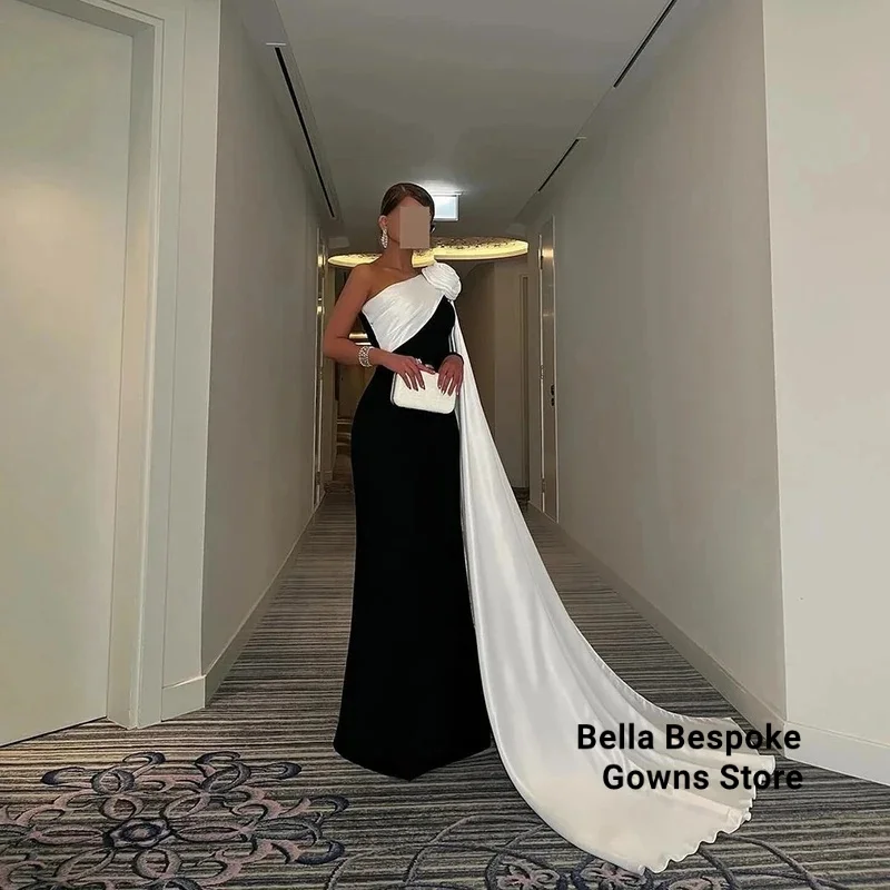 

Customized Black One-Shoulder Jersey Formal Evening Dress Contrast Color Sweep Train Party Gown Flower Floor Length Prom Dress