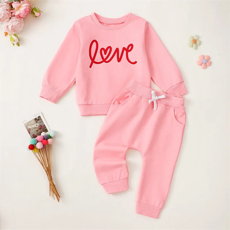 6M-3Y Toddler Girla Fall Outfits Letter Print Long Sleeve Sweatshirt Pullover Tops with Elastic Waist Solid Long Pants 2 Pcs Set