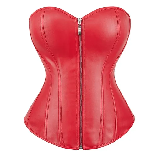 Rojo Negro PU cuero Bustier Tops cremallera Steampunk corsé Korset Overbust Body Shaper mujeres Sexy Basco
