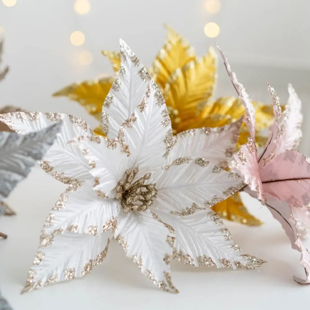 زهور عيد الميلاد الاصطناعية المصنوعة يدويًا متعددة الألوان لامعة مقلدة زهرة عيد الميلاد DIY شجرة عيد الميلاد اكسسوارات لوازم الحفلات #5