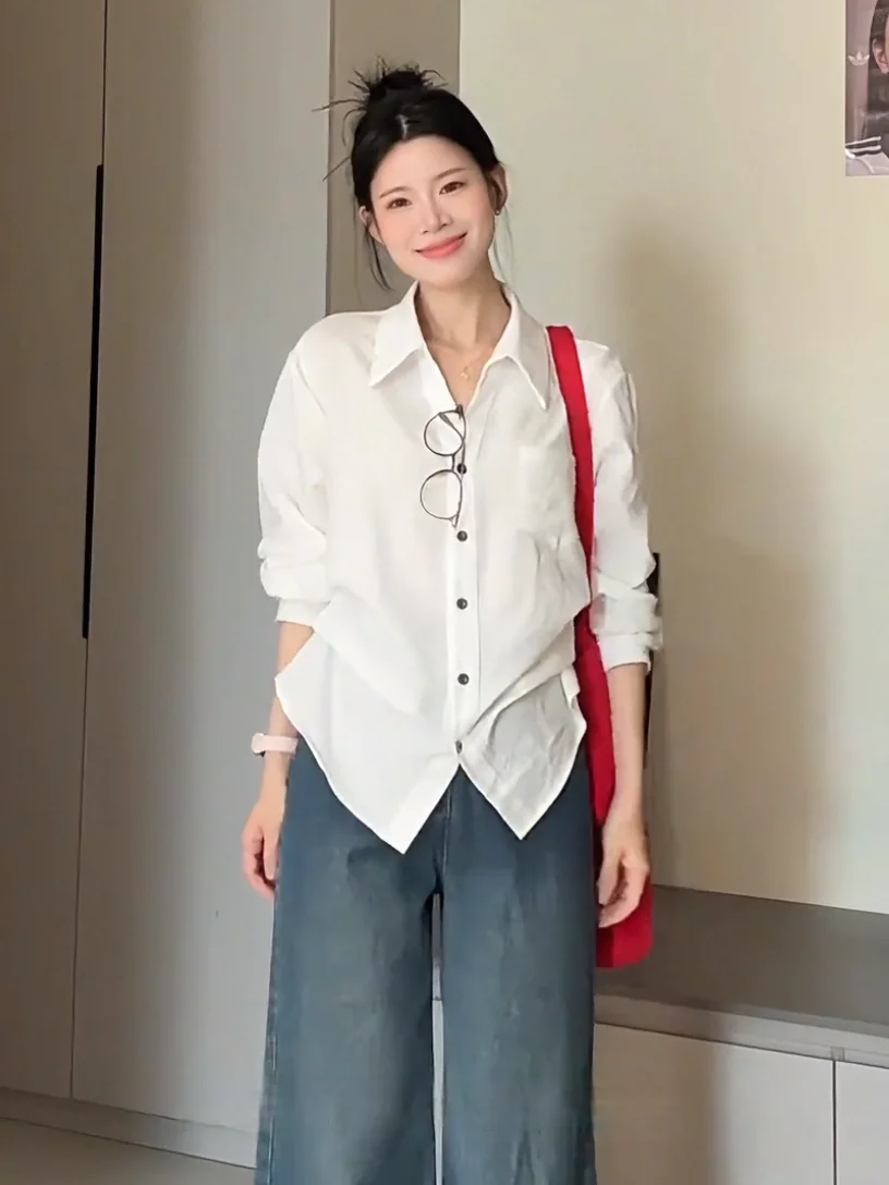 plus Size Women's Korean Style White Shirt Slimming Waist Design Fashionable Top Breathable Skin-friendly Comfortable Wear