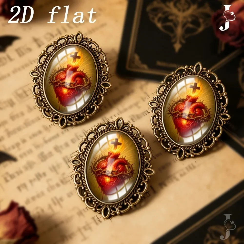 6/12/20 Pcs Sacred Heart Jesus Lapel Pin for Bag, Vintage Oval Glass Brooch, Catholic Confirmation Gift for Her, Backpack Decor