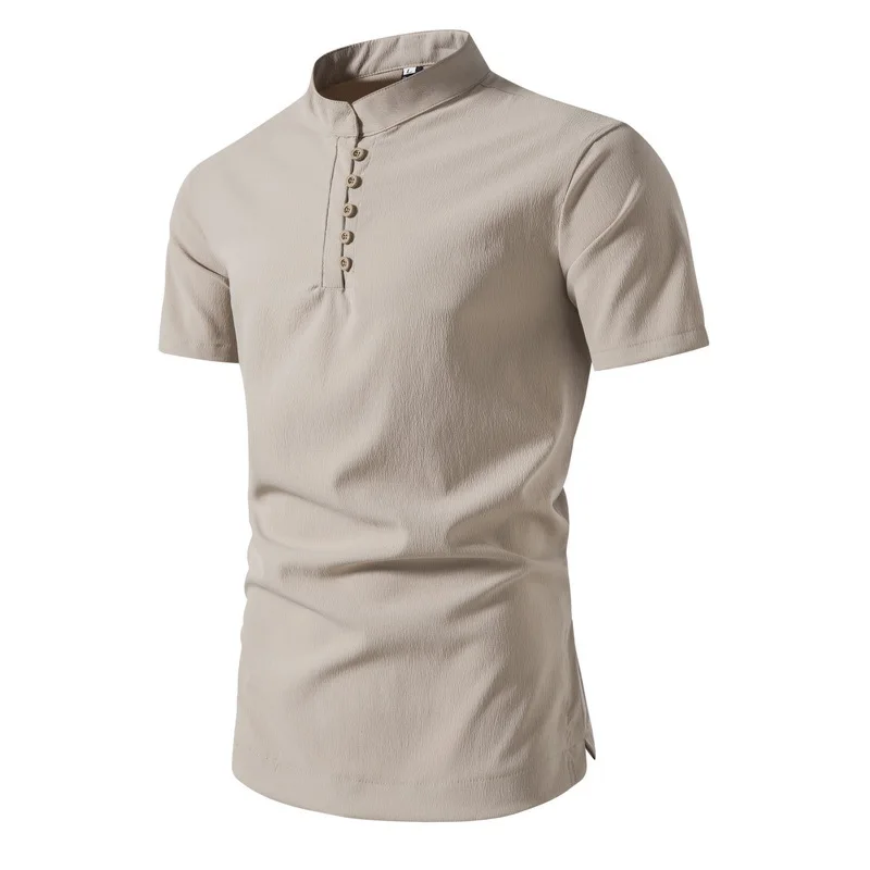 Summer Men's Retro Pan Button National Style Short Sleeved Standing Neck Henry Shirt T-shirt Youth Casual Solid POLO Men's