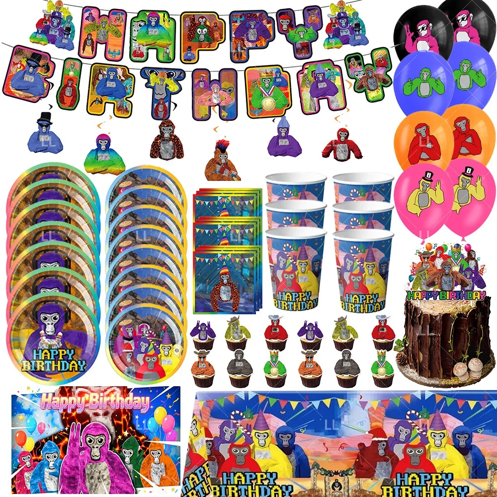 Gorillaes Themen-Geburtstagsparty Dekoration Hintergrund Tier-Gorilla Teller Becher Ballons Tortendekoration Banner Zubehör Kindergeschenke – Detail 1