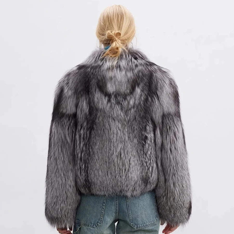 معطف فرو الثعلب الحقيقي للنساء معاطف فرو الثعلب الفضي الطبيعي بالكامل مع ياقة من الفرو الجلدي ملابس خارجية من الفرو الأصلي عالي الجودة