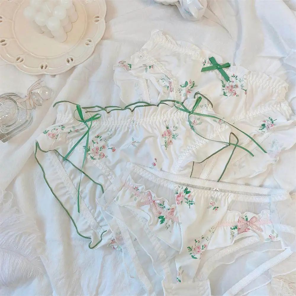 Elegant Retro French Briefs Gentle Lady Printed Green Ribbon Bow Underpants Sweet Floral Lace Breathable Exquisite Women Panties
