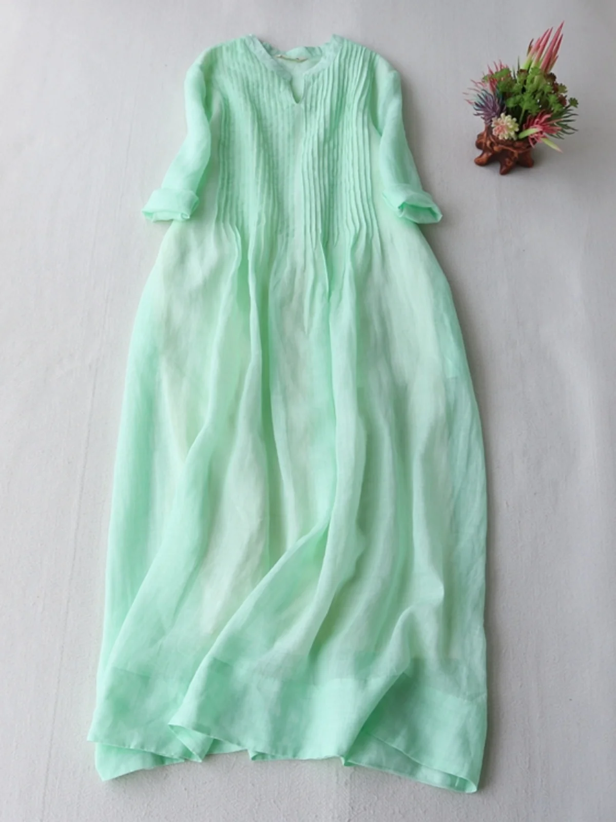 Ele Color puro largo Dr mujer Lino suelto Floa Svel Stand Collar A-Line vestido Simple Sle primavera otoño ropa