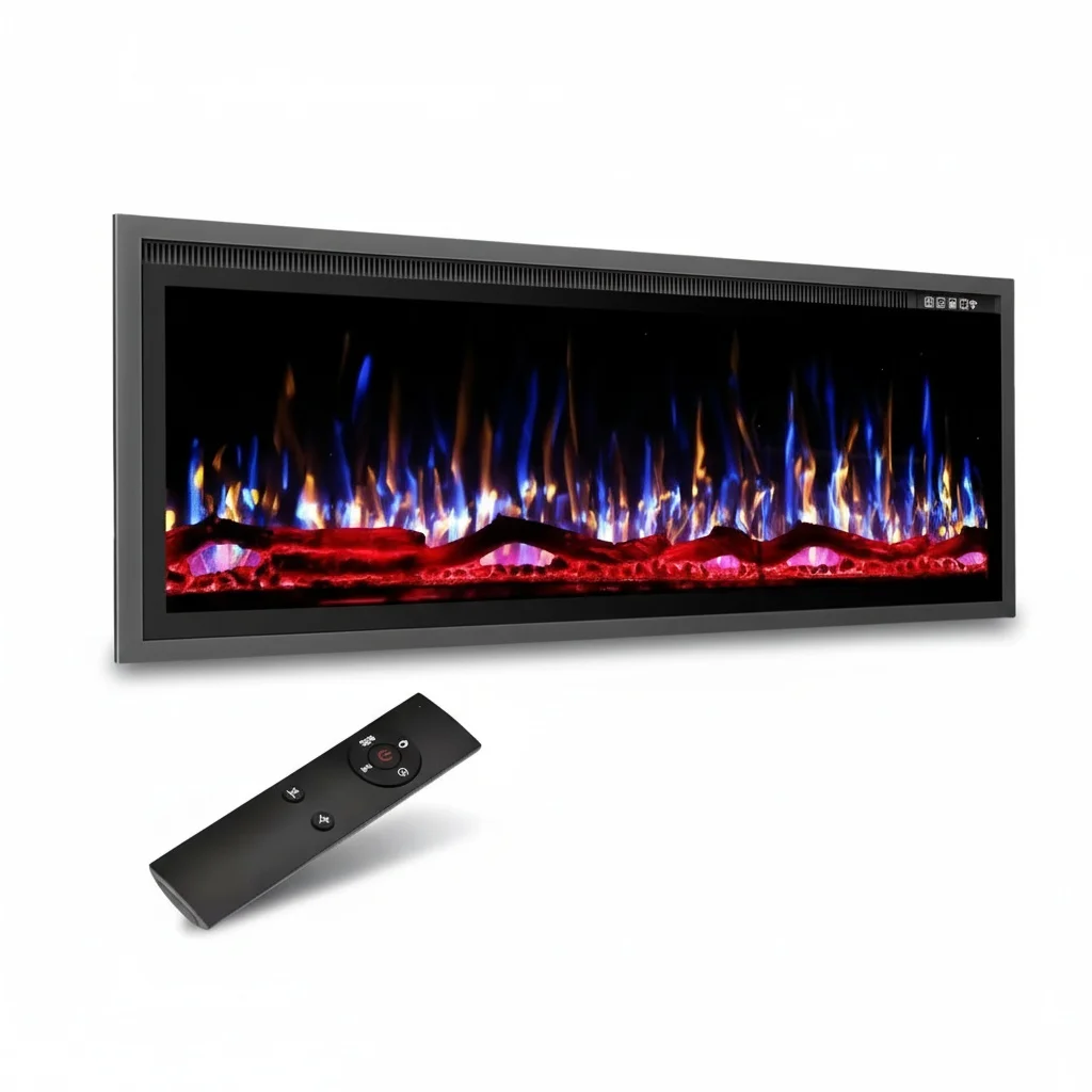 

Электрический камин 50 дюймов, встраиваемый настенный линейный камин, обогреватель из закаленного стекла с пультом ДУ, с имитацией дров и кристаллов