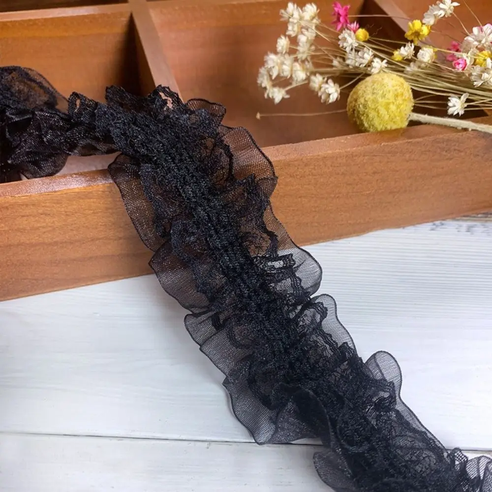 4cm Wide Pleated Lace Trim Double Layers White Black Ruffle Mesh Lace Pleated Band 1 Yards Embroidery Lace Fabric For Wedding