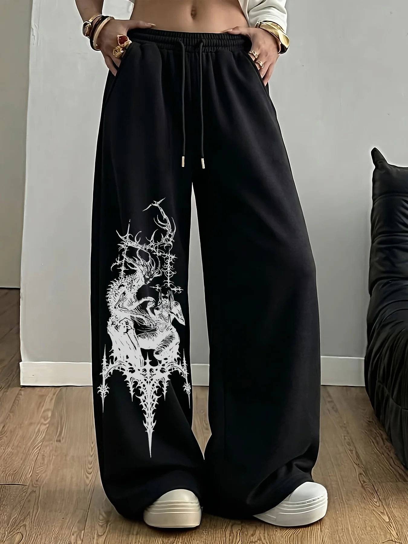 New Style: Gothic Trendy Punk Personalized Hip Hop Thorn Pattern Printed Casual Running Pants for Women Straight Leg Pants