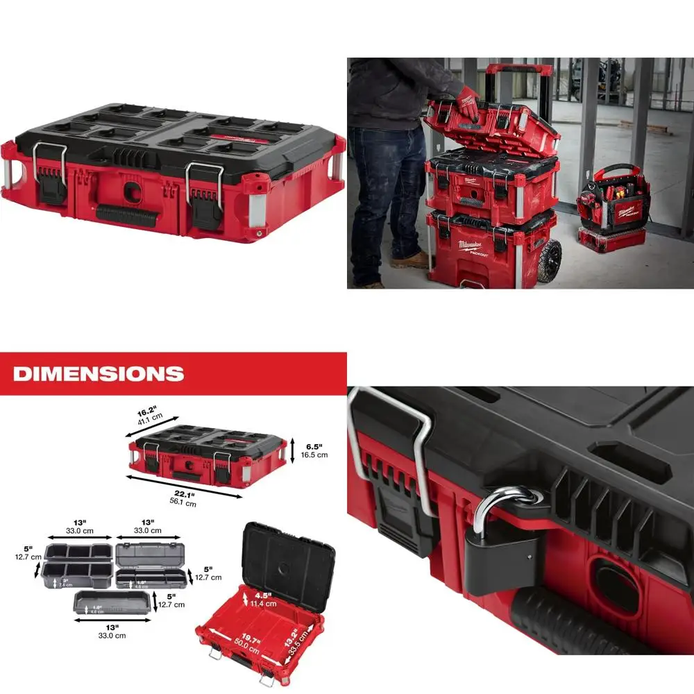 赤色の22インチ電気技師用ポータブルツールボックス（プロ仕様、パックアウトオーガナイザー付き）