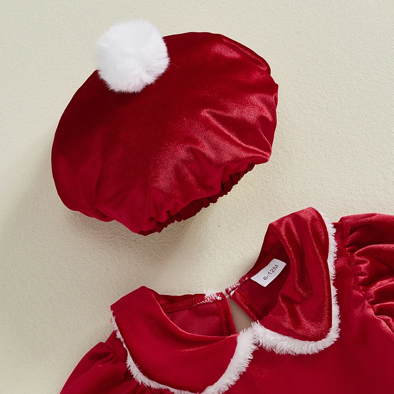 Vestido de princesa de una línea de Navidad para niñas Vestido de Papá Noel con cuello de muñeca de manga larga y sombrero