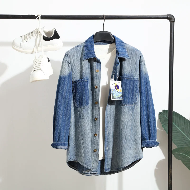 

Comfortable Men's Denim irt Autumn Faionable Vintage Versatile Long Sve Slim Fit adient Waed Outfit Casual irt