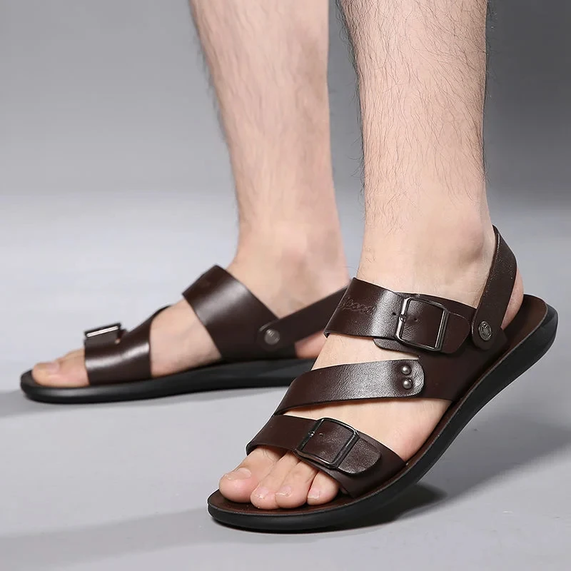 

Men's Dual-Wear Solid Color Leather Sandals, Open Toe Adjustable Strap Summer Shoes, Comfortable Beach & Daily Footwear