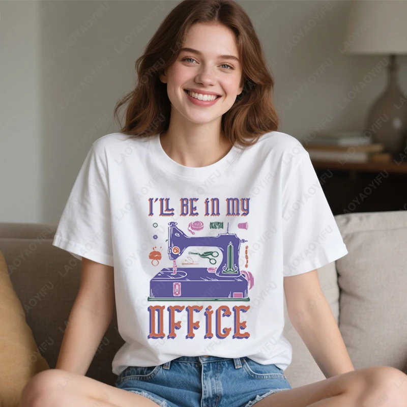 Men Women with Sewing Machine Funny Printed Tshirt Tops All Match Simple Casual Fashion Student Clothing Cute Summer Unisex Tees