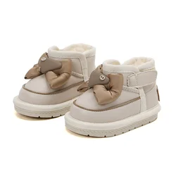 2023 New Winter Baby Snow Boots Leather Butterfly-knot Warm Plush Toddler Kids Shoes Soft Sole Fashion Girls Boots