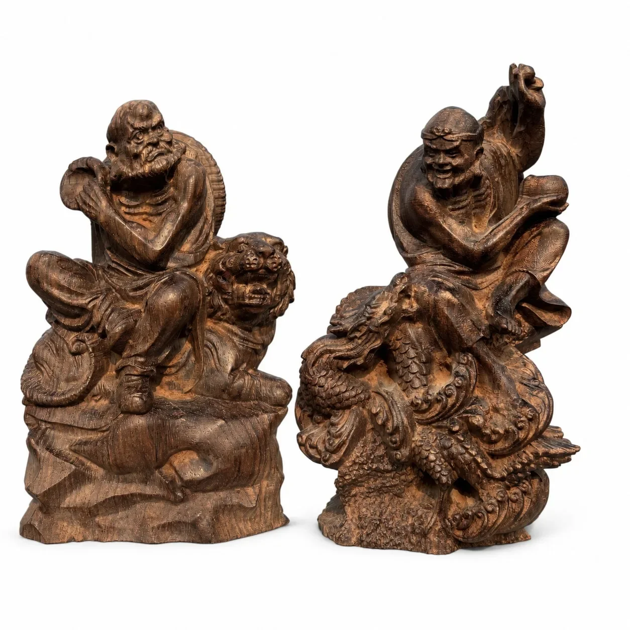 Hand Carved Agarwood Arhat Dragon Taming Tiger Subduing Sculpture for Traditional Chinese Zen Home Living Room Decor Gift