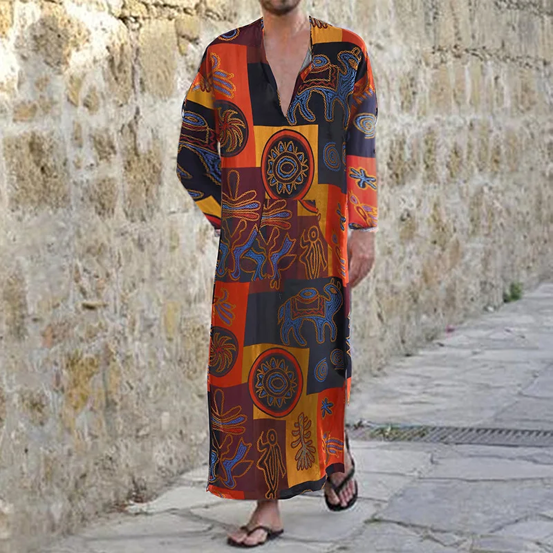Moda musulmana Jubba Thobe Abbigliamento etnico mediorientale Abito lungo da uomo Abito lungo stampato Abito arabo