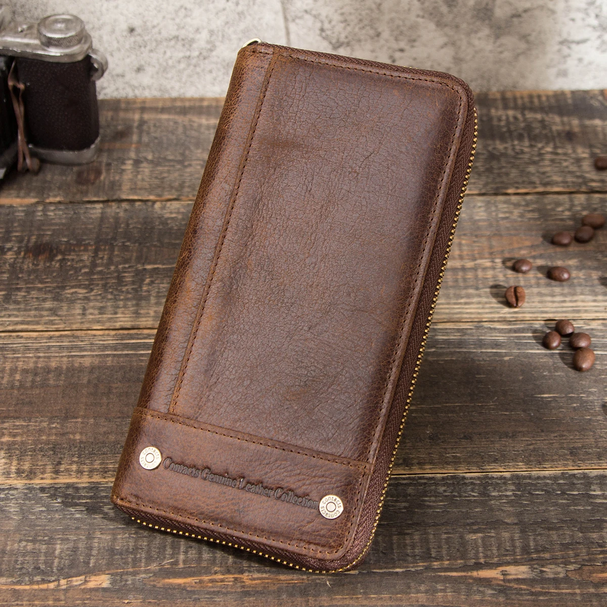 CONTACT'S Genuine Leather Unisex Long Wallets Men Women Zipper Card Holders Coin Purse Money Clip Phone Pocket Customize Wallet