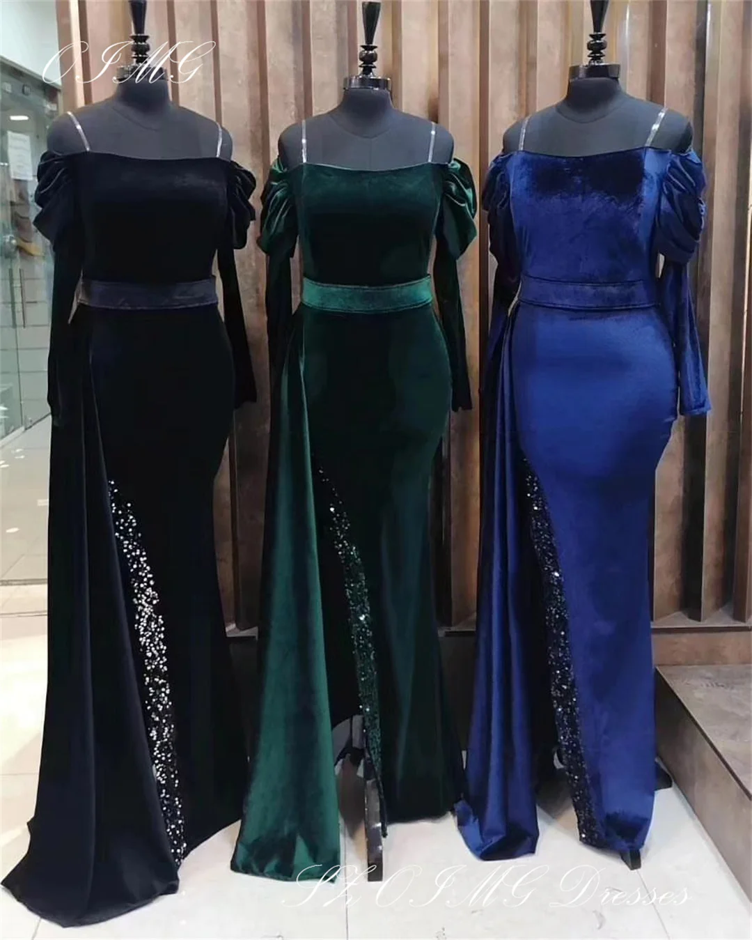 OIMG-vestidos de fiesta sin tirantes con lentejuelas para mujer, traje de noche de terciopelo con abertura lateral alta, estilo árabe saudita, Formal