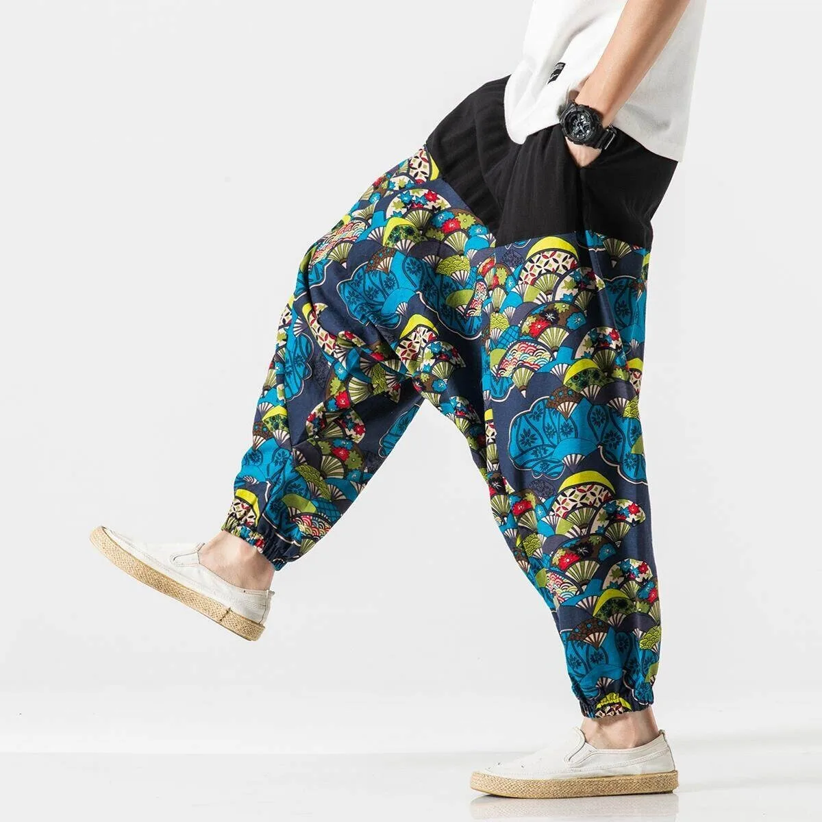 

Широкие брюки, японские самурайские брюки с принтом укиё-э, хлопковые и льняные повседневные шаровары для мужчин, свободный крой, дышащие, удобные