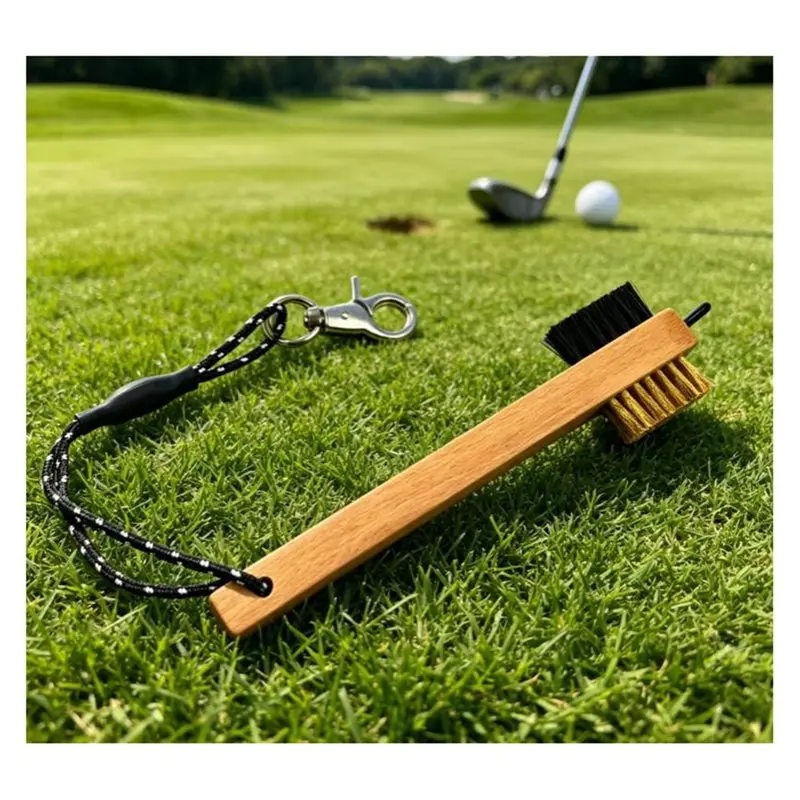 ABHS-Wood Handle Golf Club Brush With Metal Groove Cleaner Pick Portable Golf Cleaning Tool With Carabiner Lanyard