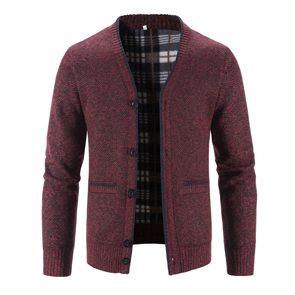 Men Fleece Lined Knitted Cardigan Warm Thick Button V Neck Long Sleeve Sweater Coat Casual Winter Outerwear Jacket