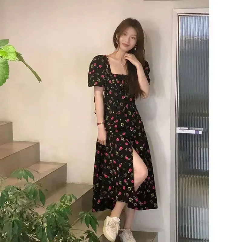 Summer Women Puff Sleeve Floral Dresses Elegant French Style Split Skirts Chic Square Collar Black Dress New Cottagecore Dresses