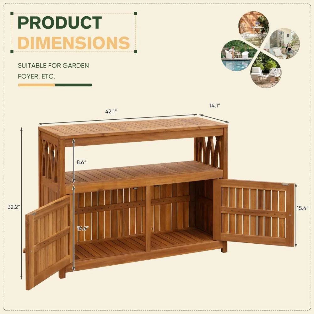 Двухуровневый уличный шкаф для хранения из дерева акации с магнитными дверями для сада, пикника, шведского стола, подставки под телевизор и использования в барном столе