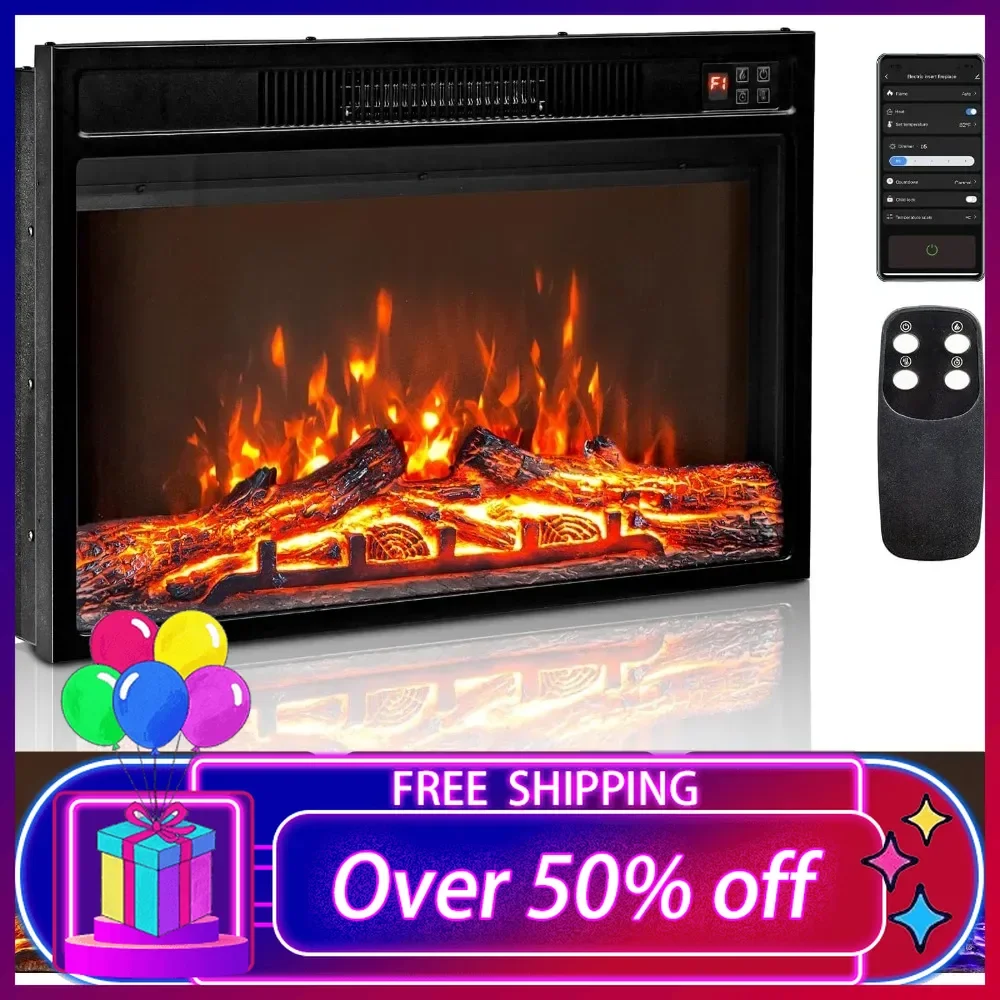 

26" Electric Fireplace Inserts with APP & Remote Control, 1500W Recessed Stove Heater with 8H Timer, 3 Flame Colors