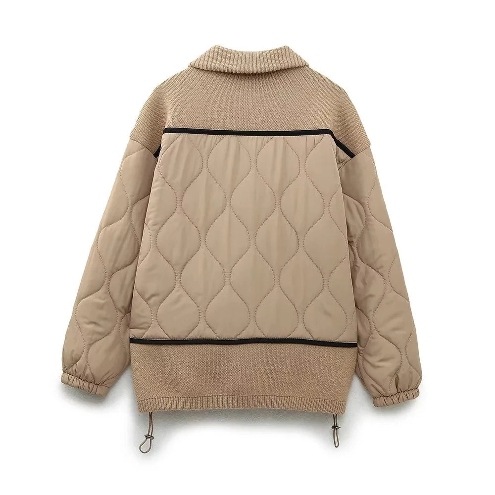 Parkas Womens Korean Fall Corduroy Fleece-Lined Double-Layer Patchwork Lining Stand-Collar Plaid Buttonless Lace-Up Pleated Midi