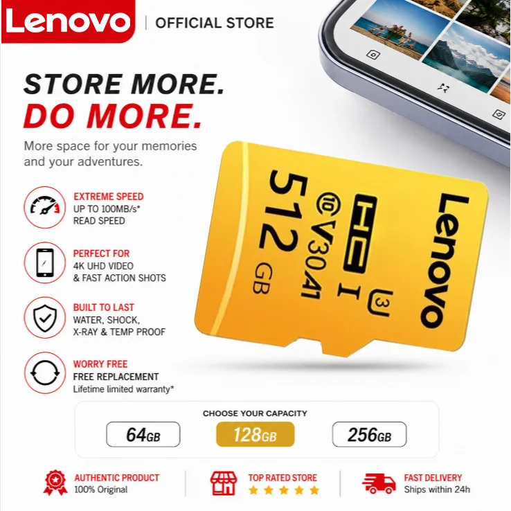 Lenovo High Speed Micro TF SD Card Memory Card 64GB 128GB 256GB 512GB Fast Transfer Top Rated for Tablet Phone Switch Camera